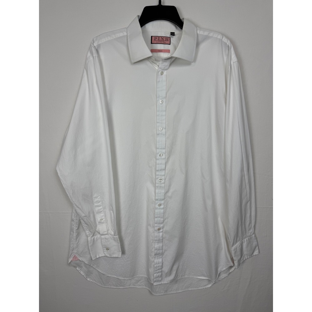 (Thomas Pink) Men Classic Dress Shirt White 100% Cotton Preppy Party 18.5 37.5